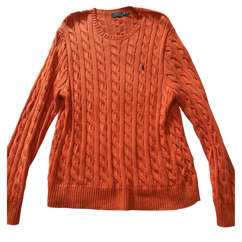 Polo Ralph Lauren Mens XL Orange Cable Knit Cotton Crewneck Sweater Navy Pony